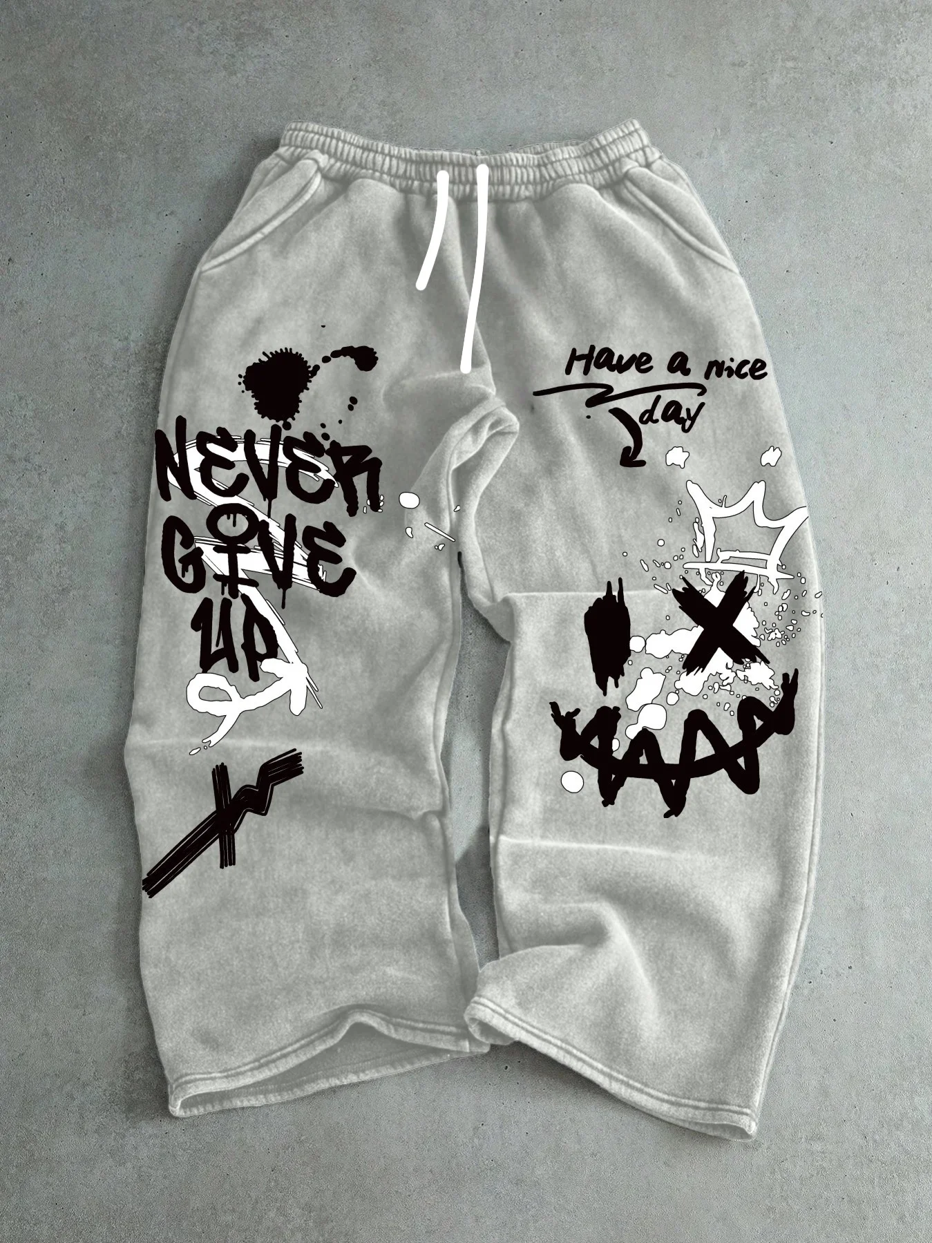 Men Gothic Vertical Graphic Wide Leg Sweatpants Drawstring Loose Straight Baggy Y2K Dark Punk Streetwear Pants.