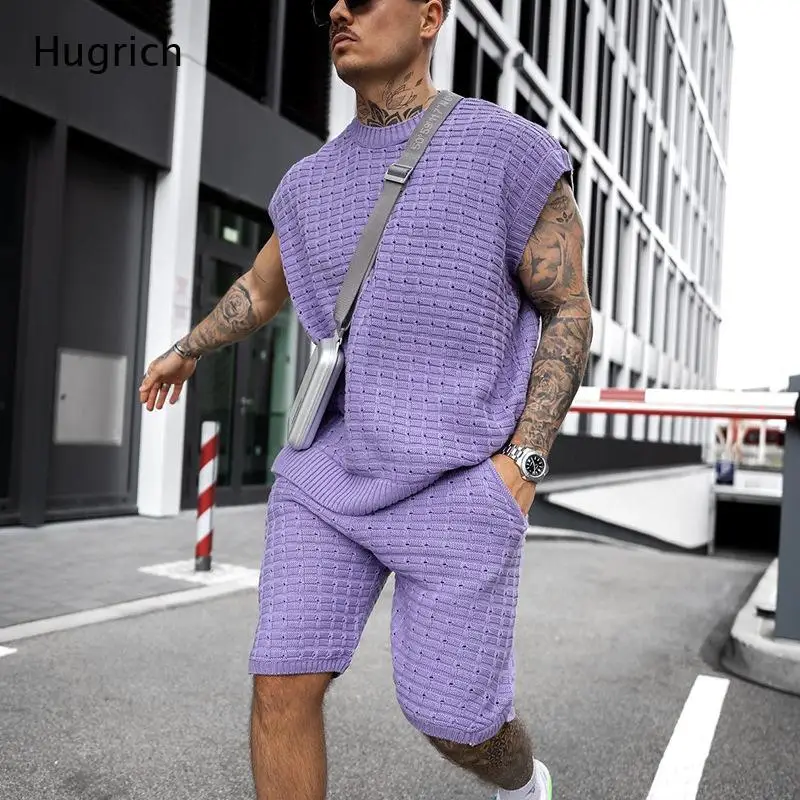 Men's Textured Knit Co-Ord Set - Loose Fit Sleeveless Tank and Drawstring Shorts for Casual Wear