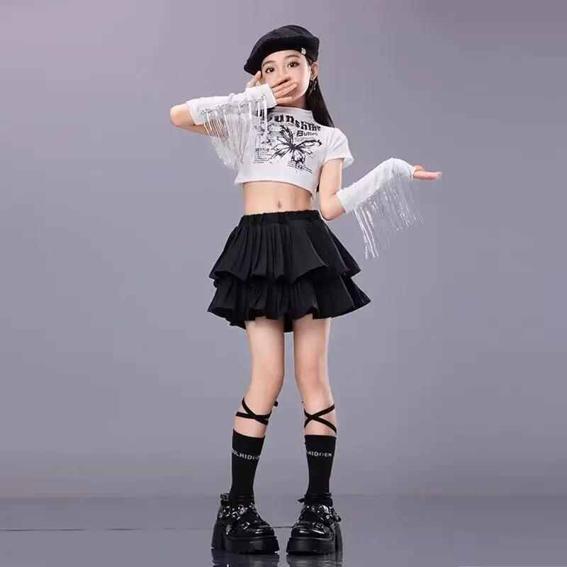 Girls Hip Hop Sweet Crop Top Street Dance Tiered Skirts Teenagers Streetwear Kids Jazz Cheerleader Costumes Stage Clothes Sets