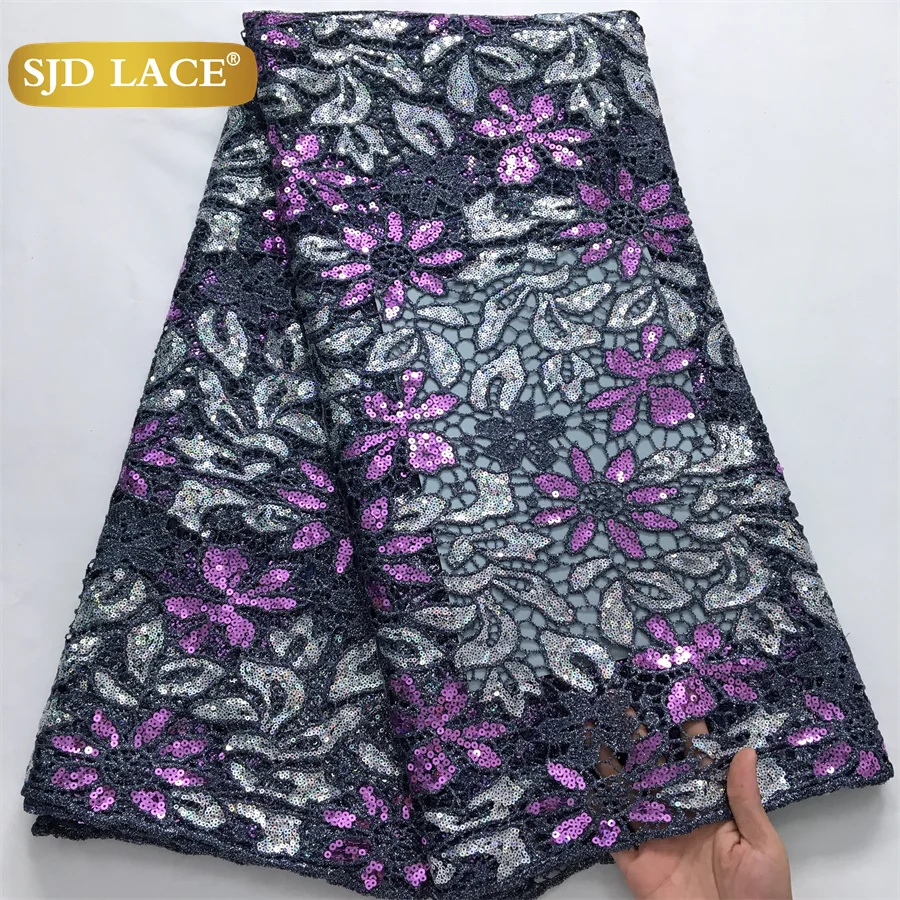 

SJD LACE African Nigerian Guipure Cord Lace Fabric 2024 High Quality 5Yards Sequins Water Soluble Lace For Women Party Dress4123