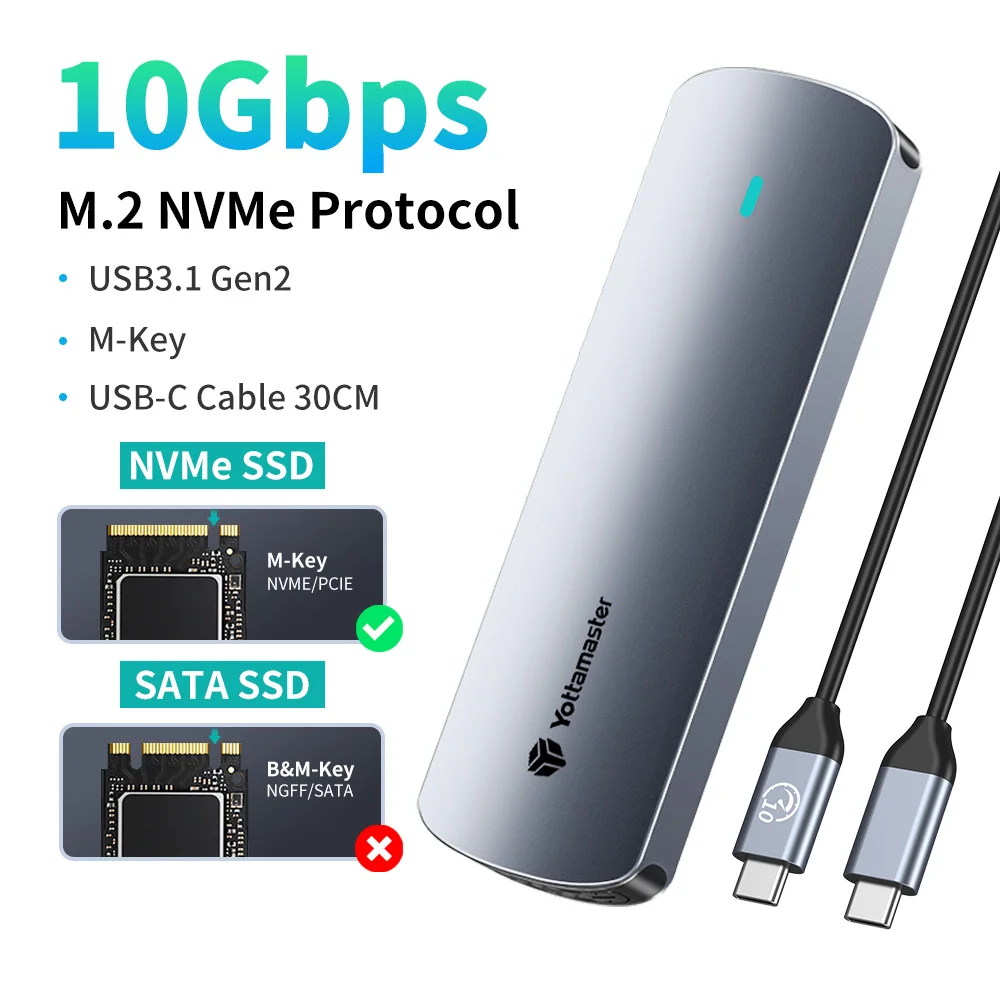 Yottamaster SATA M.2 NVMe SSD-Gehäuse Dual-Protokoll NVMe zu USB Adapter USB 3.1 Gen2 USB-C Externes Gehäuse Aluminiumlegierung