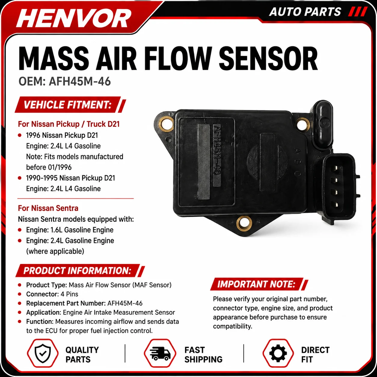 AFH45M-46 4Pin Mass Air Flow Sensor MAF Meter For Nissan D21 Pickup Sentra 1.6L 2.4L Replacement