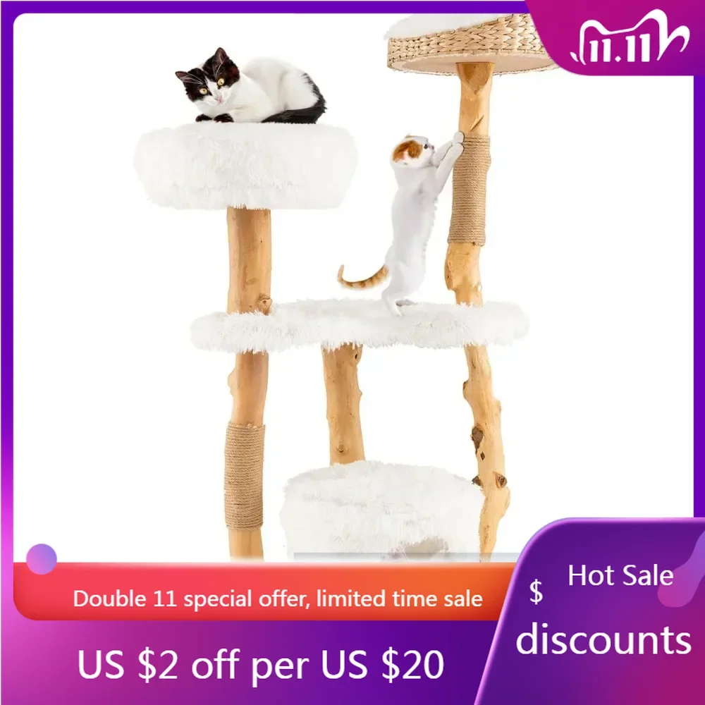 

Cat Tree for Indoor, Solid Wood Modern with Top Cattail Basket Cat Bed, Side Perch, with Scratching Posts for Large Cats 49 Inch