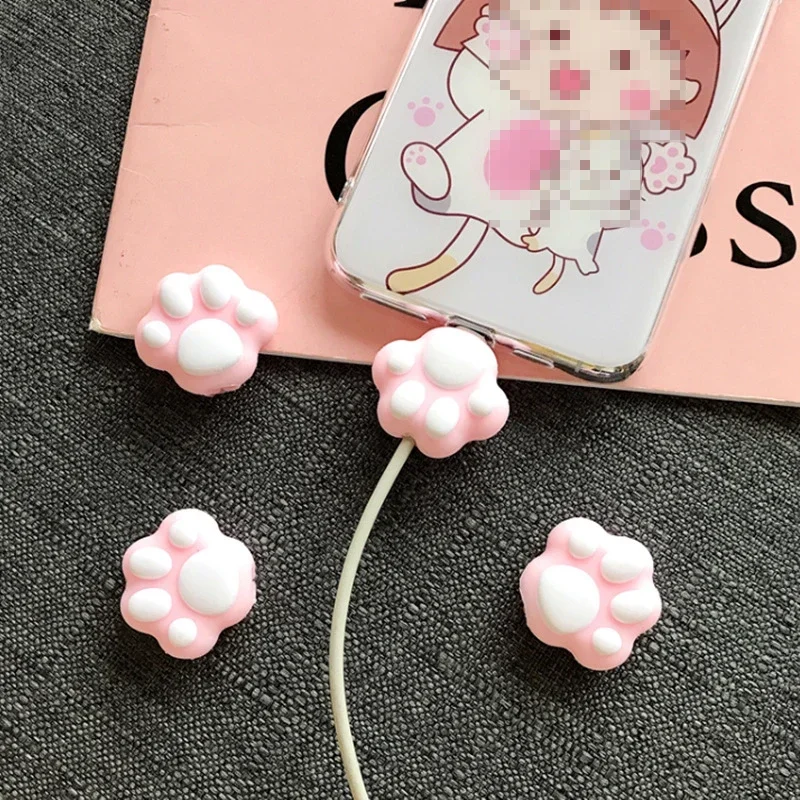 2pcs Cute Cat Paws Cable Winder Protector for iPhone Kawaii Pink Desktop Wire USB Cable Charger Cable Organizer Protector