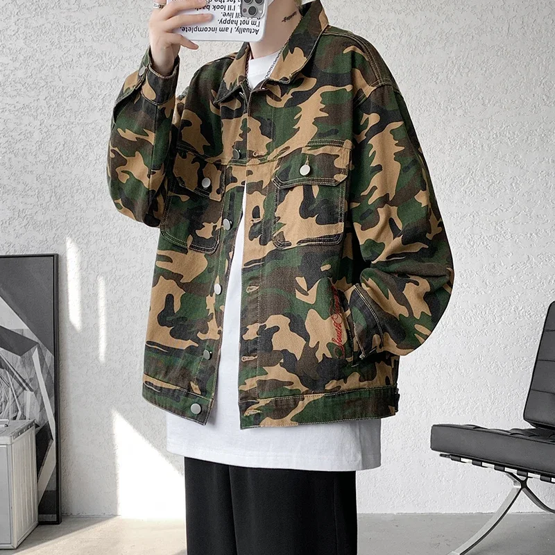 2024 Hong Kong style outdoor workwear denim jacket new versatile camouflage long sleeved men\'s jacket oversized jacket M-8XL