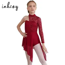 Kinder Mädchen lyrischen Tanz Kleid eine Schulter asymmetrische Blumen Spitze Ballett Eiskunstlauf Gymnastik Trikot Performance Kostüm