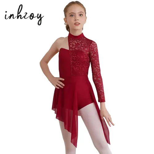 Vestido de baile lírico para niña, un hombro, encaje Floral asimétrico, Ballet, patinaje artístico, gimnasia, leotardo, disfraz de actuación