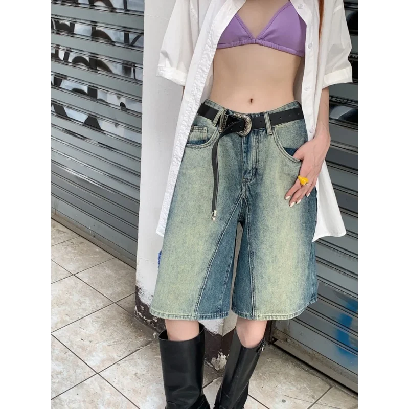 Vintage Gradient Denim Wide Leg Bermuda Shorts High Waist Loose Straight Leg Summer Pants
