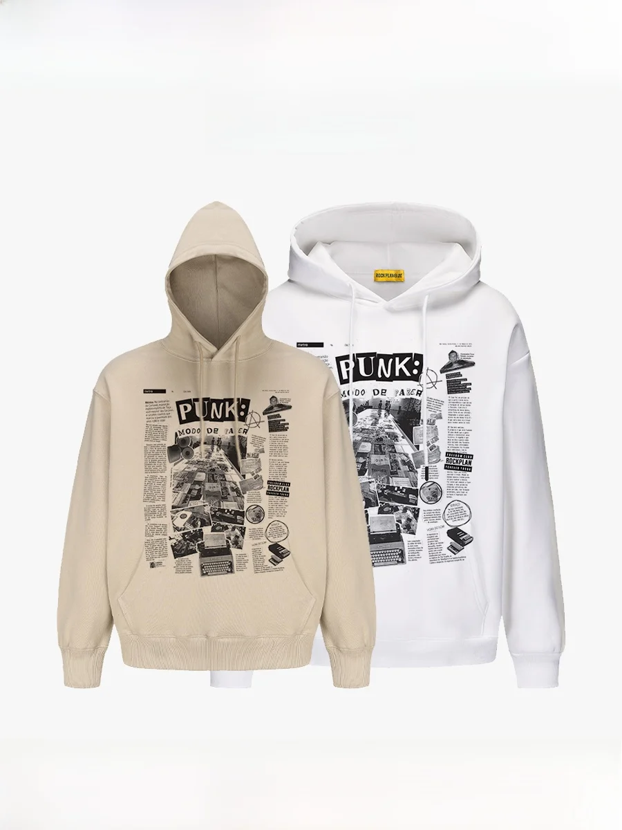 

Roer Punk Newspaper Vintage Retro Print Hoodie Thiened Pure Cotton Men Women Sweatirt Spring Autumn Winter Casual Wear