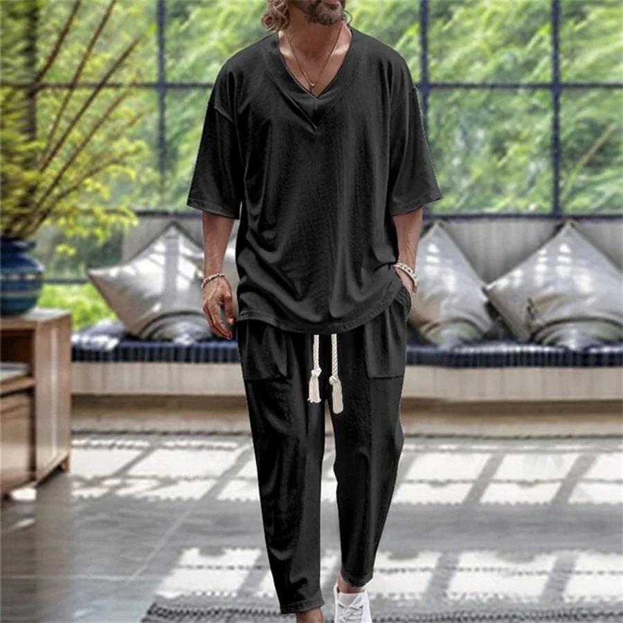 2024 Men Two Piece Sets Casual Solid Loose Outfits Summer Half Sleeve V-Neck T-Shirt and Long Pants Men\'s Sports Suit Streetwear