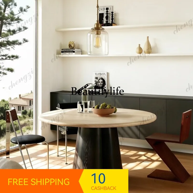 PP37 Imported natural travertine round table French antique designer pure natural travertine dining table