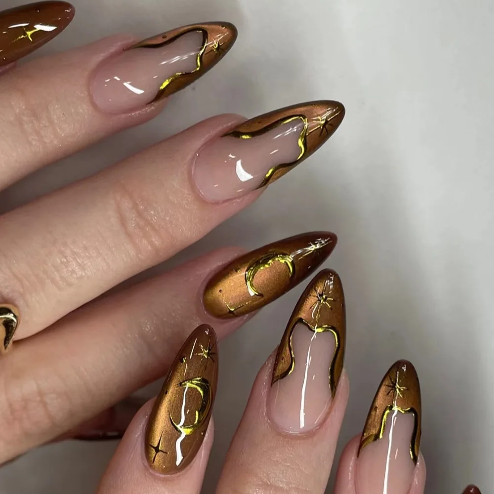 

24pcs Gold Star & Moon Press-On Nails with Irregular Patterns and Brown-Pink Galaxy Cat Eye, Long Almond Shape, Assorted Sizes