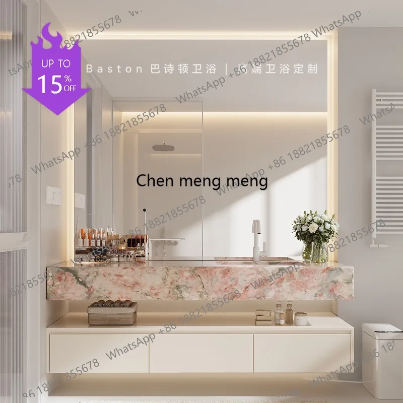 03A Pink hotel wind rock slab seamless integrated basin bathroom cabinet combination modern simple toilet washstand