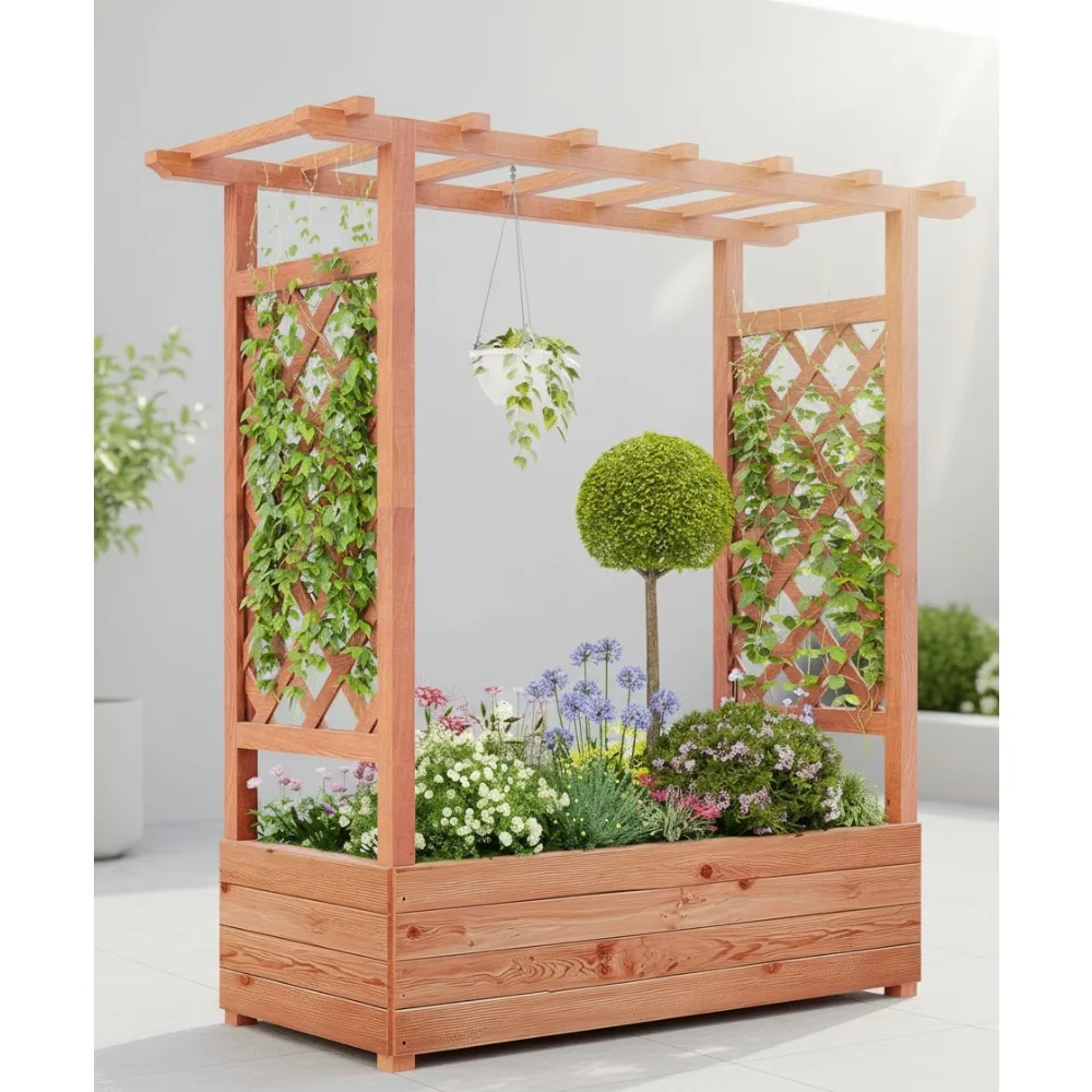 

Elevated Wood Planter Box with Trellis & Hanging Roof - 45in Garden Bed for Climbing Plants, Flowers, Balcony Gardening
