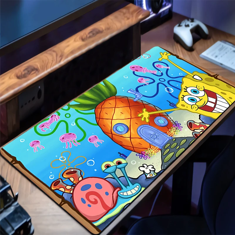 Alas Mouse Gaming Ekstra Besar dengan Tepi Jahitan, Alas Meja SpongeBob SquarePants, Alas Keyboard Komputer Anti Selip