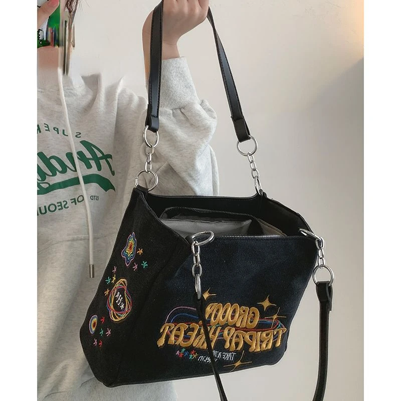 

High Capacity Shoulder Underarm Bag Portable Retro Vintage Tote Washed Canvas Embroidered Letters Shopping Bag Woman Bag