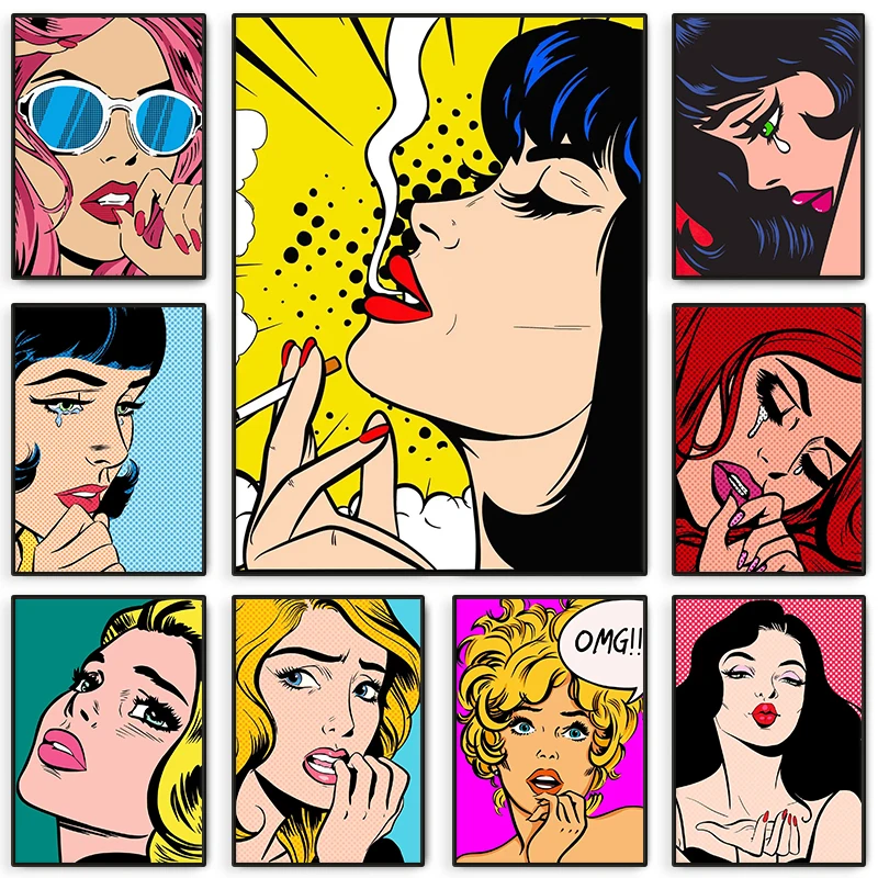 Retro Comics Pop Posters and Prints Woman Emoticons Crying Canvas Painting Wall Art Picture for Living Room Home Decoration