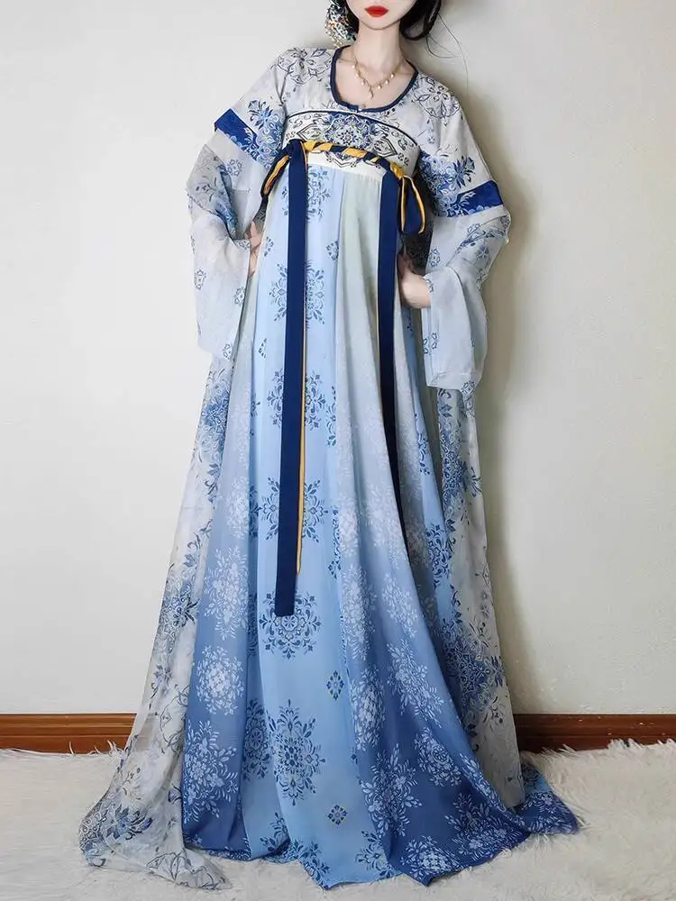 Retro Hanfu ชุดผู้หญิงจีน Tang สไตล์พอร์ซเลนสีฟ้าและสีขาวรอบคอ Elegant Daily สไตล์คอสเพลย์ Fairy Hanfu ชุด