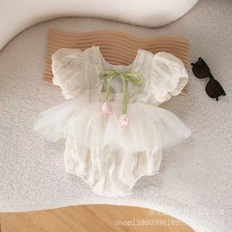 New Summer Baby Girl Princess Lace Jumpsuit Dress Baby Mesh Triangle Rompers 2026 Summer New Trendy