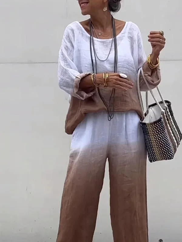 Conjunto feminino de duas peças em algodão e linho, roupa gradiente, calça de bolso, pulôver casual solto, terno de camisa, moda verão