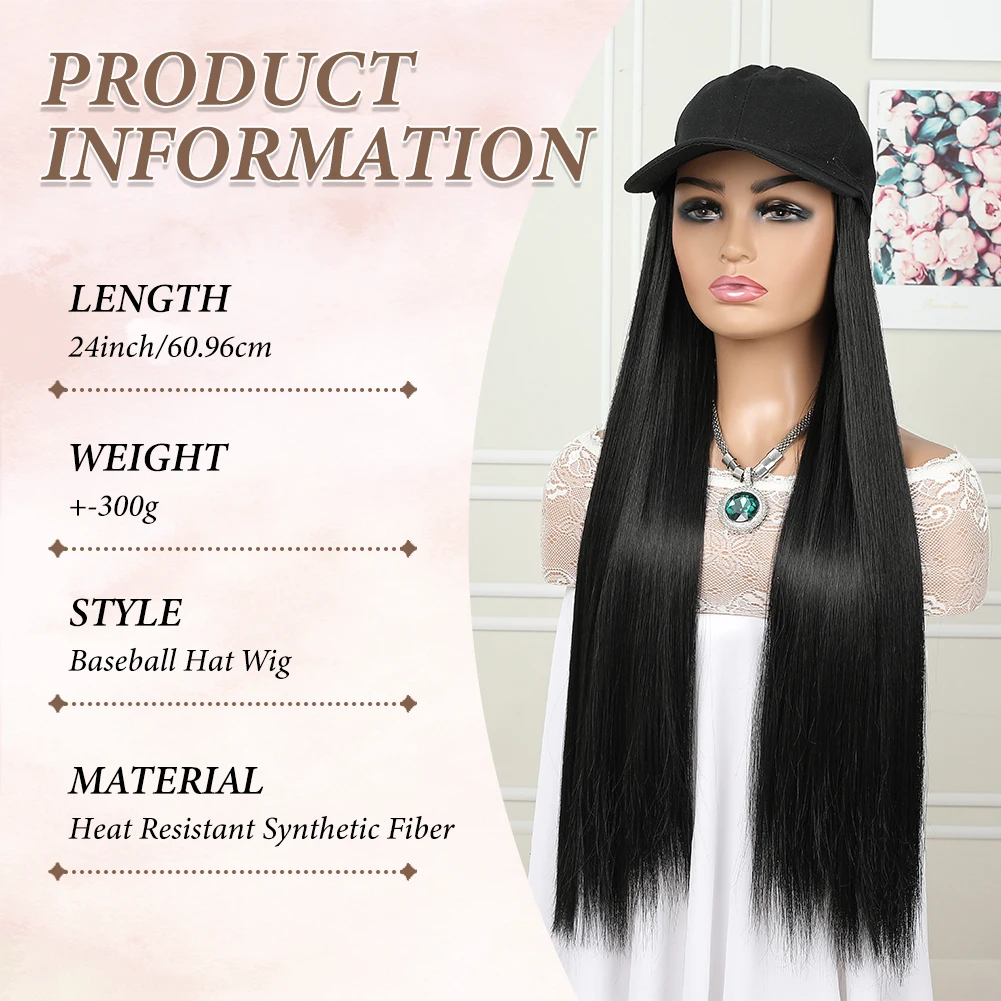 Hat Wig Synthetic Long Straight Baseball Cap with Hair Extensions 24 Inch High Quality fiber Adjustable Wig Hat for Women Girls