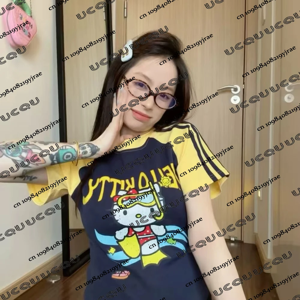 

Y2K футболка Hello Kitty Sanrio аниме Hello Kitty летние женские модные цветные милые уличные готические короткие топы