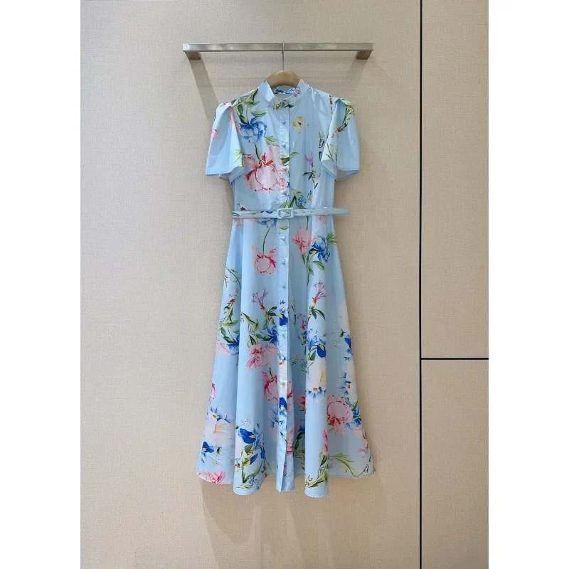

light blue floral print pull short sleeve midi dress 2025