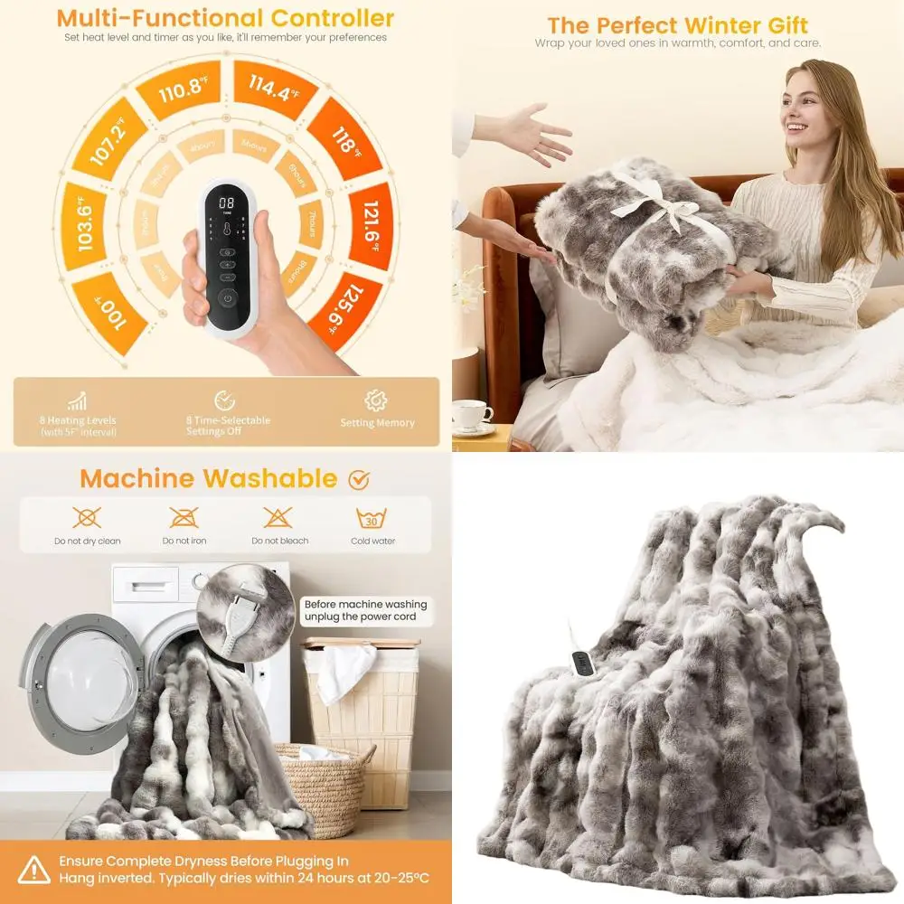 

Электрическое одеяло из искусственного меха, 50x60, 8 уровней нагрева, автоматическое выключение 2–8 часов, защита от перегрева, сертифицирован ETL, серый цвет тай-дай