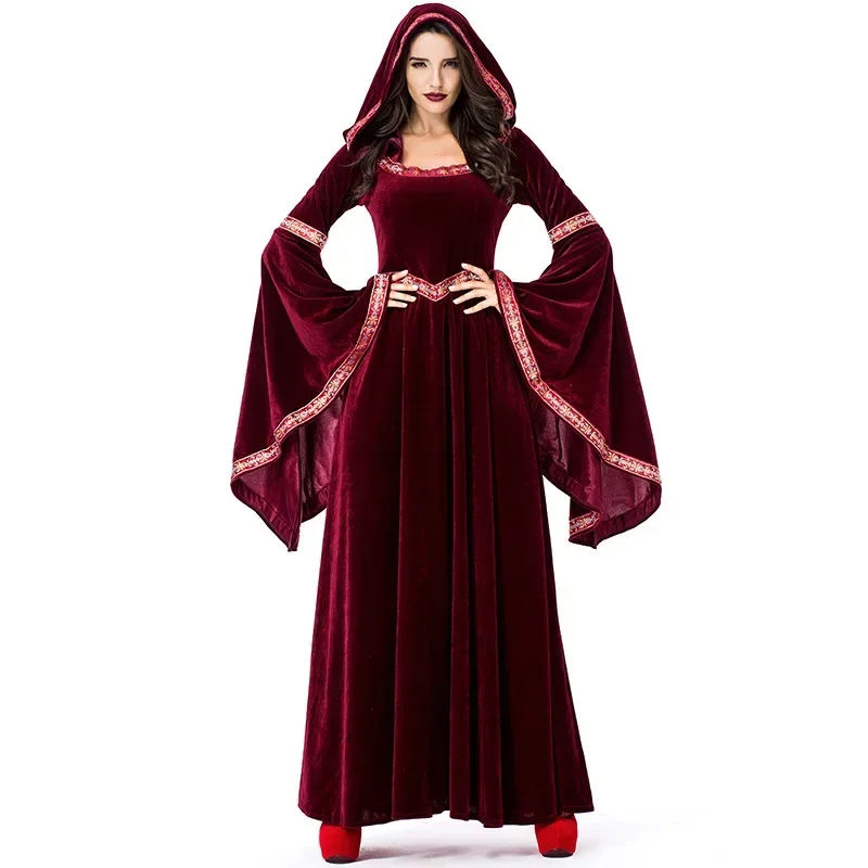 Halloween Mediaeval Victorian Vampire Robe Hood Fantasia Fancy Dress For Adult Women