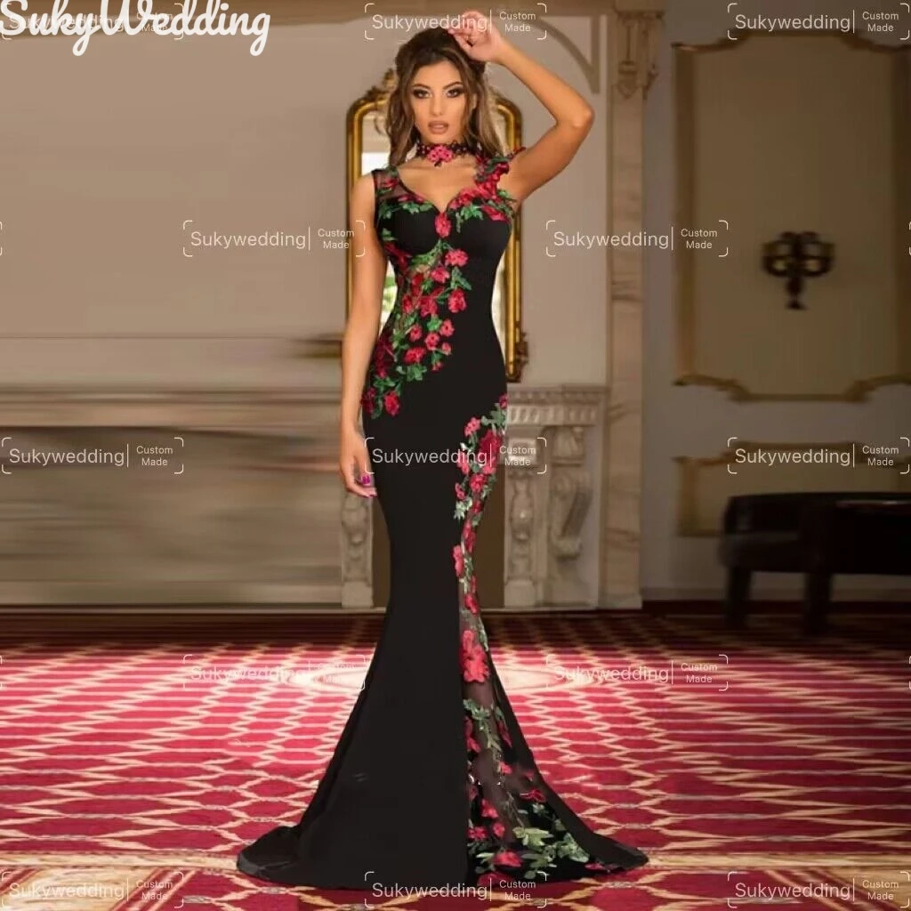 Sexy Black Embroidered Mermaid Evening Dresses Illusion Side Slit 3D Floral Prom Gowns Special Occasion Formal Gowns Customized