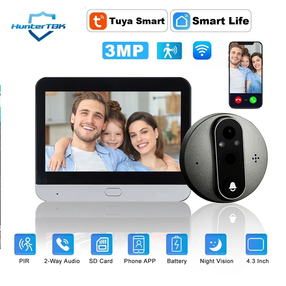 3MP Wi-Fi Peephole Camera Smart Video Doorbell Tuya Digital Door Viewer with 5000mAh PIR Detection Smart Life Door Bell