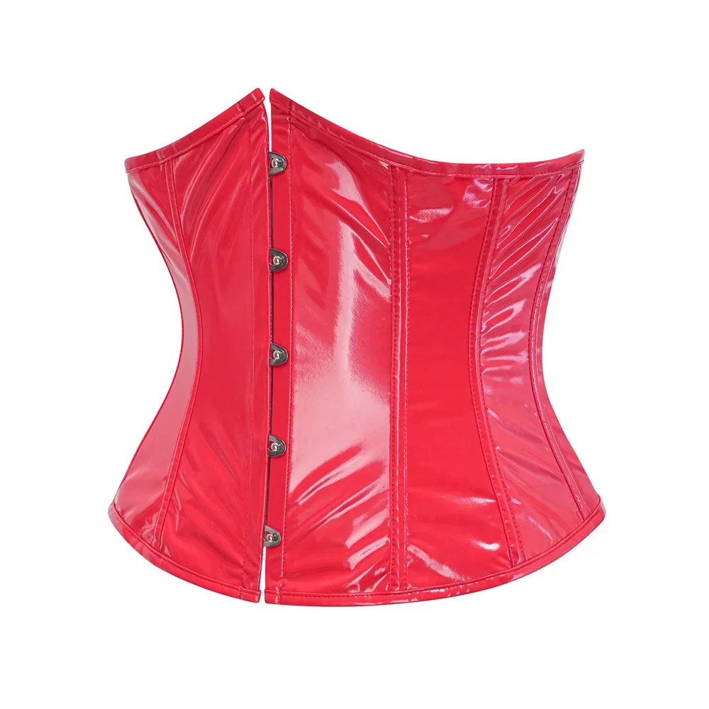 Women's Red PU Underbust Corset, Steampunk Gothic Bustier Top, Pu Leather Waist Cincher for Tummy Control