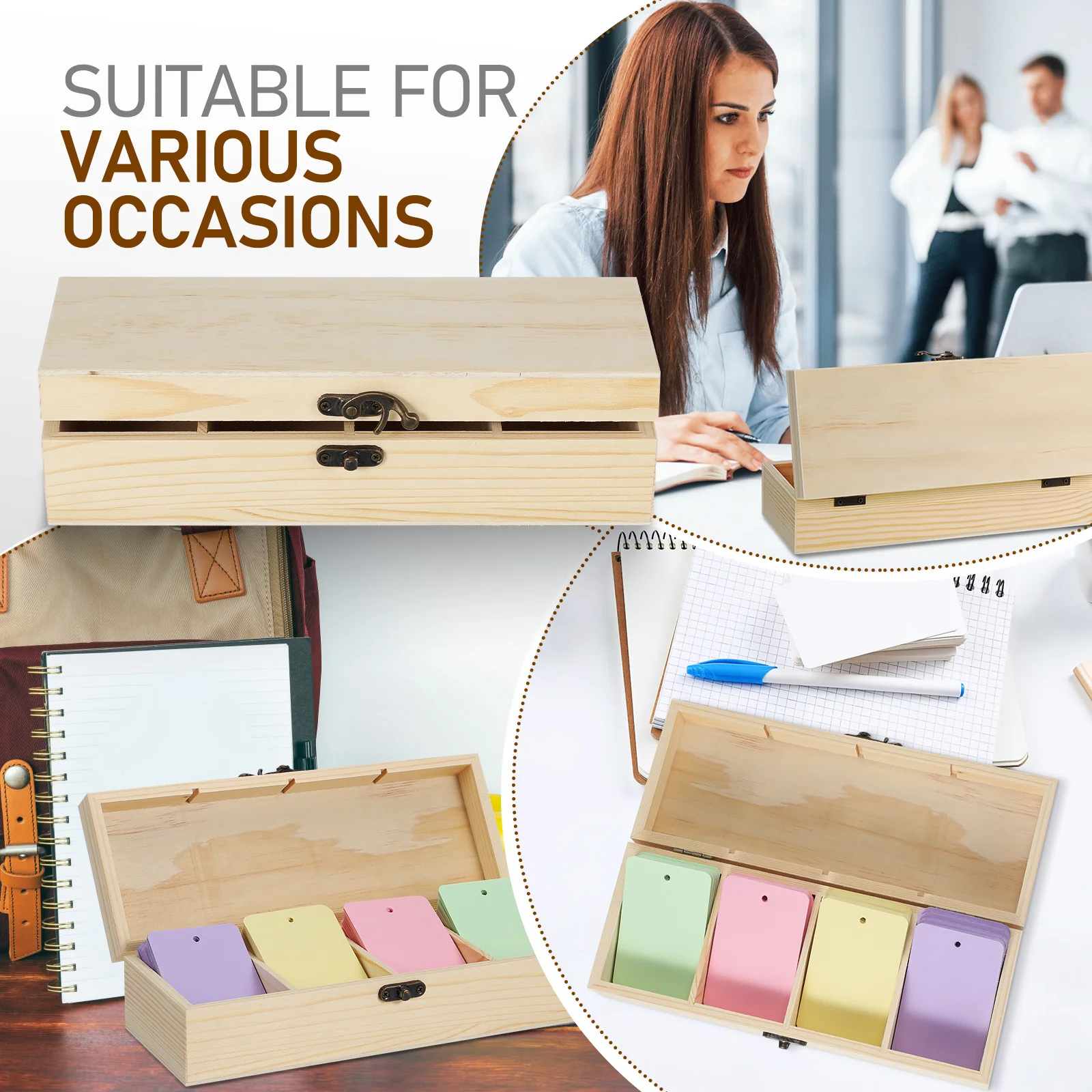 2Pcs Pine Wood Storage Organizer Box Rustic Four Compartment Container for Jewelry Card Holder Craft Storage Solution