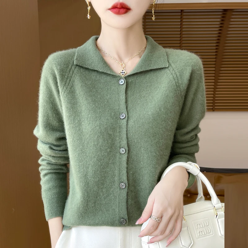 24 autumn and winter new cashmere sweater women\'s sweater 100% merino wool fashion lapel autumn warm cardigan top