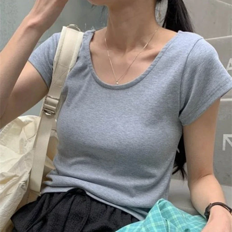 2026 여름 여성용 O넥 티셔츠 슬림 핏 반팔 티셔츠 여성용 편안한 부드러운 얇은 티셔츠 단색 심플 다용도 탑