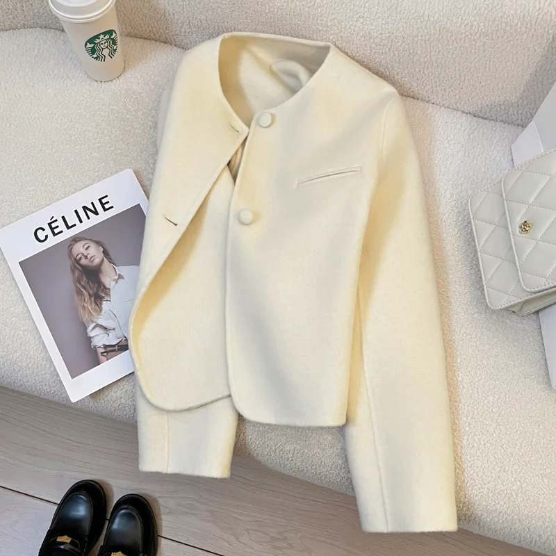 

Autumn Winter Beige Fragrant Double-sided Short Coat Women's Simple Versatile Wool Blended French Lady Long-sleeved Coat