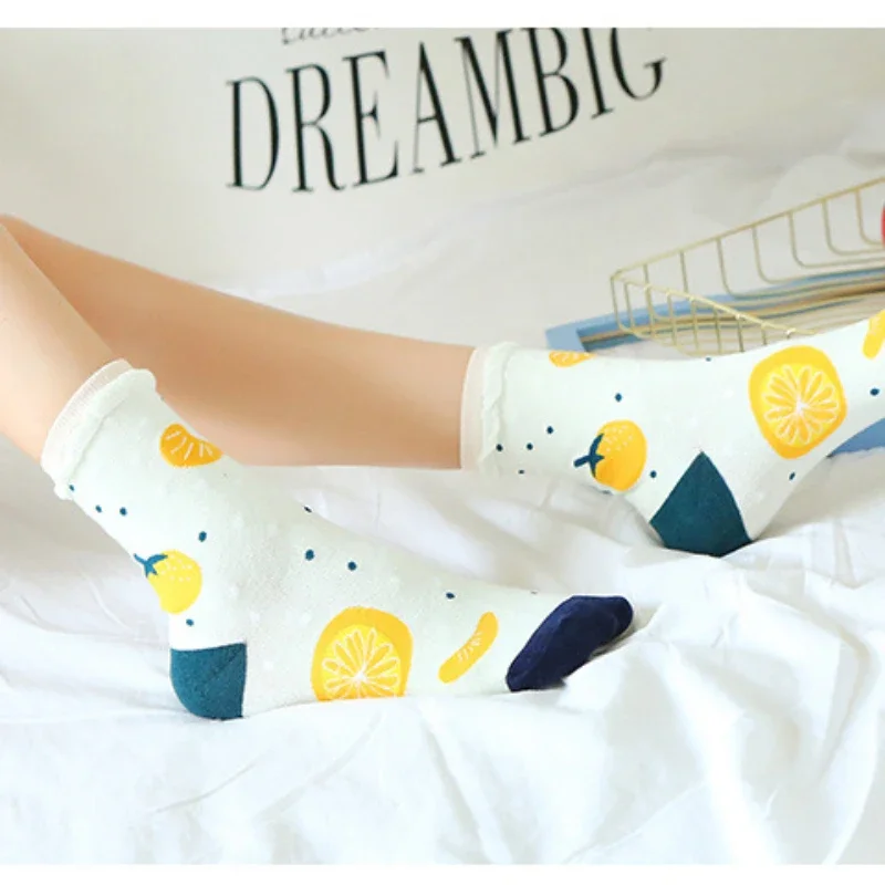 Female Socks Japanese New Product Cartoon Fruit Strawberry Orange Women's Cotton Mid Tube Socks Bubble Mouth Korean Socks