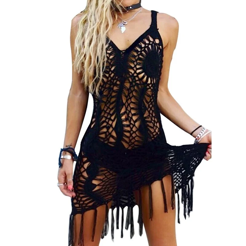 

Sexy Beachwear Black Crochet Robe Camisole Bikini Knit Sand Women's Beach Blouse Hand Crochet Hollow Sun Protection Clothing