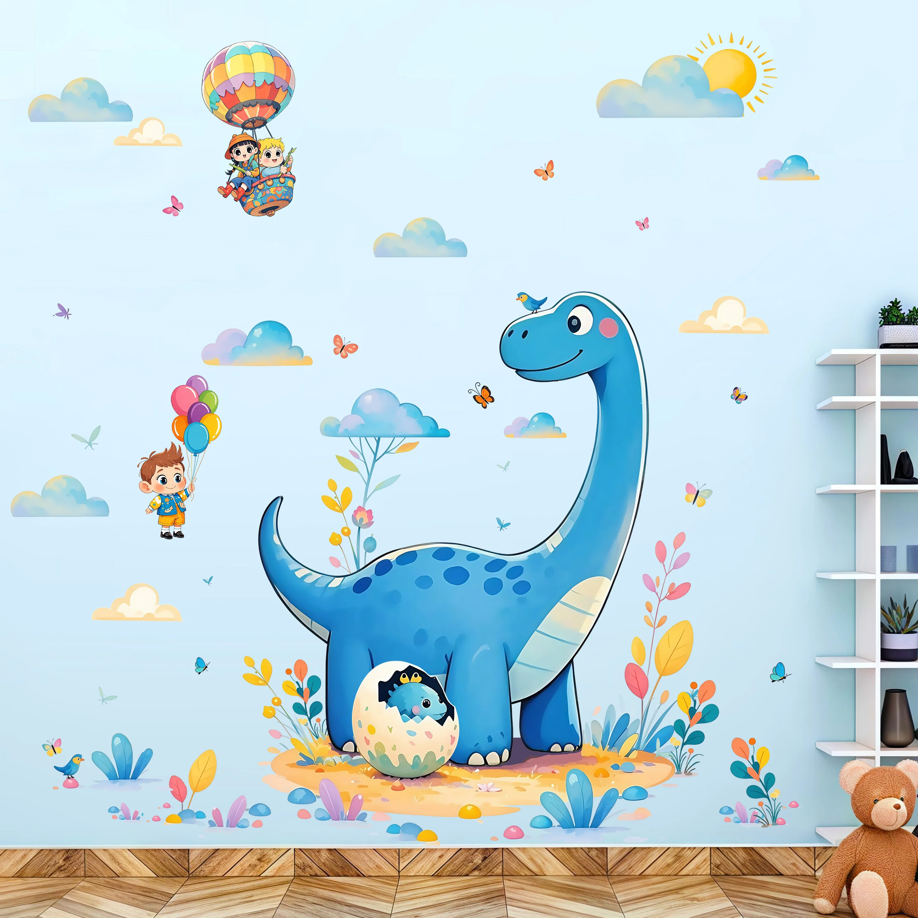 Come to Dinosaur Home Hot Air Balloon Dinosaur Egg Sun Cloud Wall Stickers Room Decoration Home Door Stickers Bedroom Living Roo