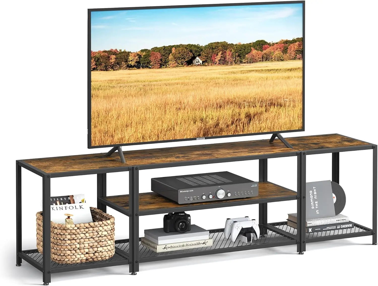 Modern TV Stand for TVs up to 75 Inches, 3-Tier Entertainment Center, Industrial TV Console Table with Open Storage Shelves