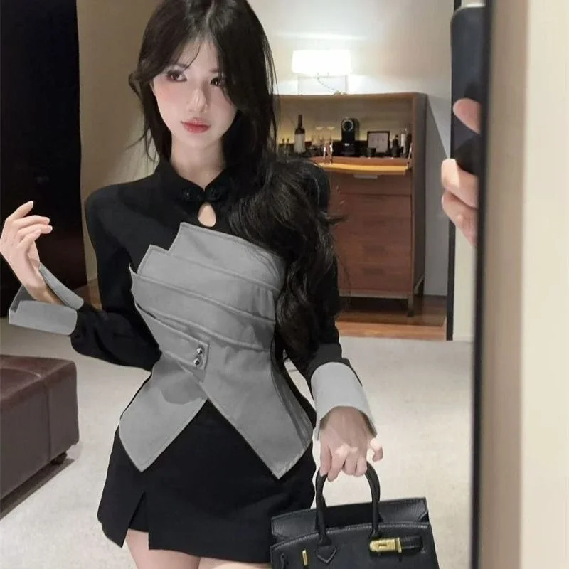 Vintage Fashion Front Hollow Out Slim Women Shirt Personality Lrregular Constrast Color Split Clothe French Lazy Temperament Top