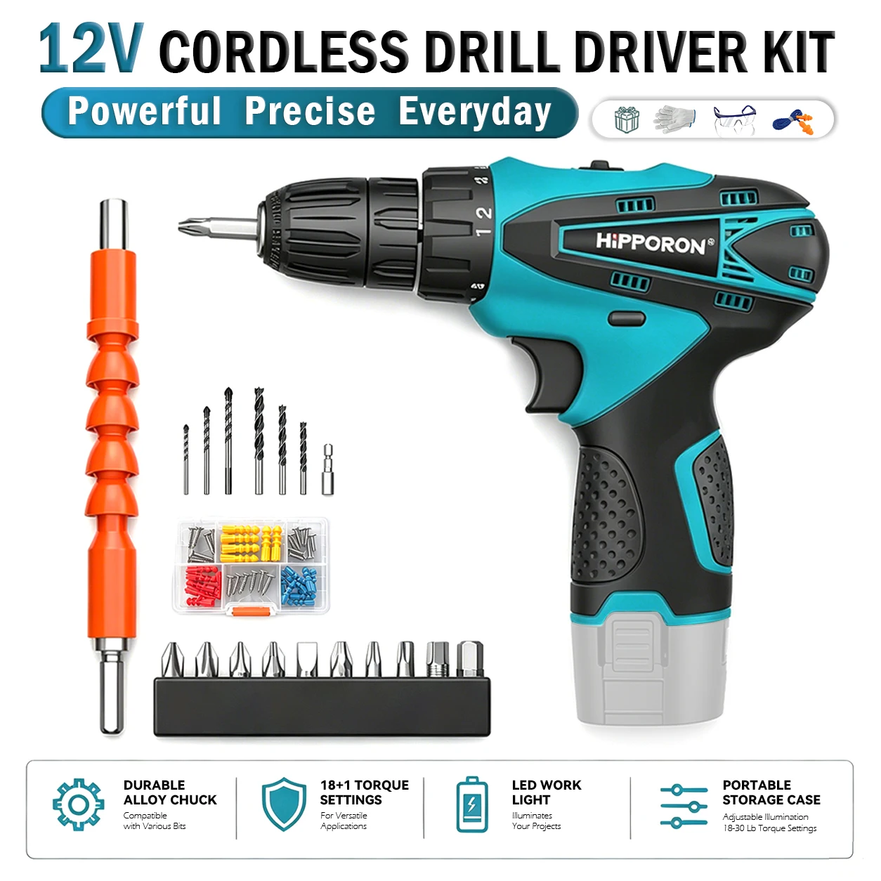 Hippcron Household Cordless Impact Drill Tool Set, 12V 3/8