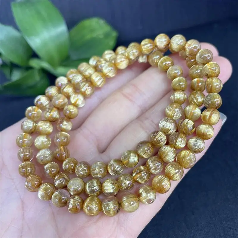 6MM Natural Gold Rutilated Quartz Triple Circle Bracelet Fashion Jewelry Healing Chakra Crystal New Year Presents