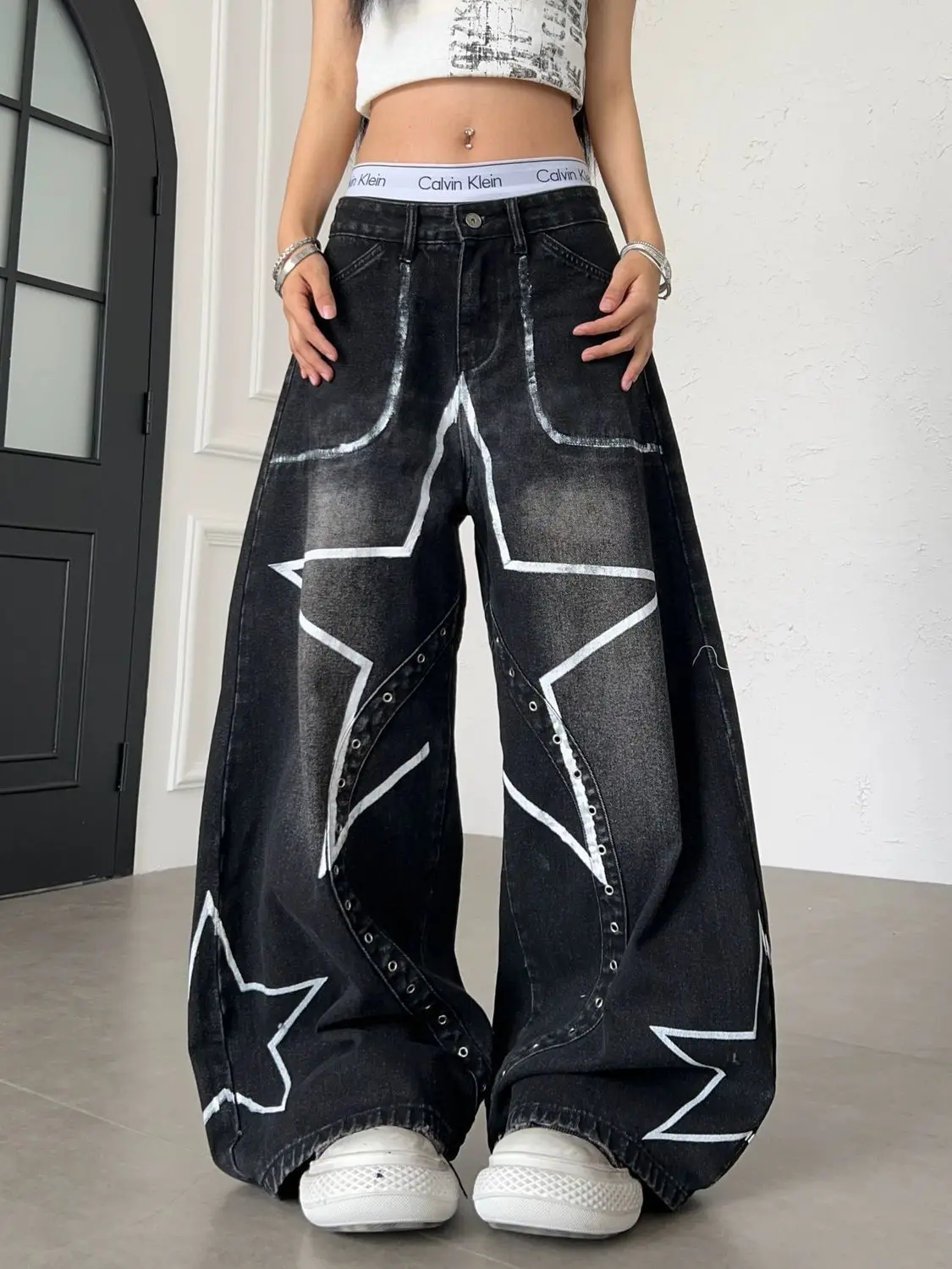 American Five-pointed Graffiti Jeans Men Women Summer High Street Joker Loose Wide-leg Pants Casual Wide-leg Mop Pants
