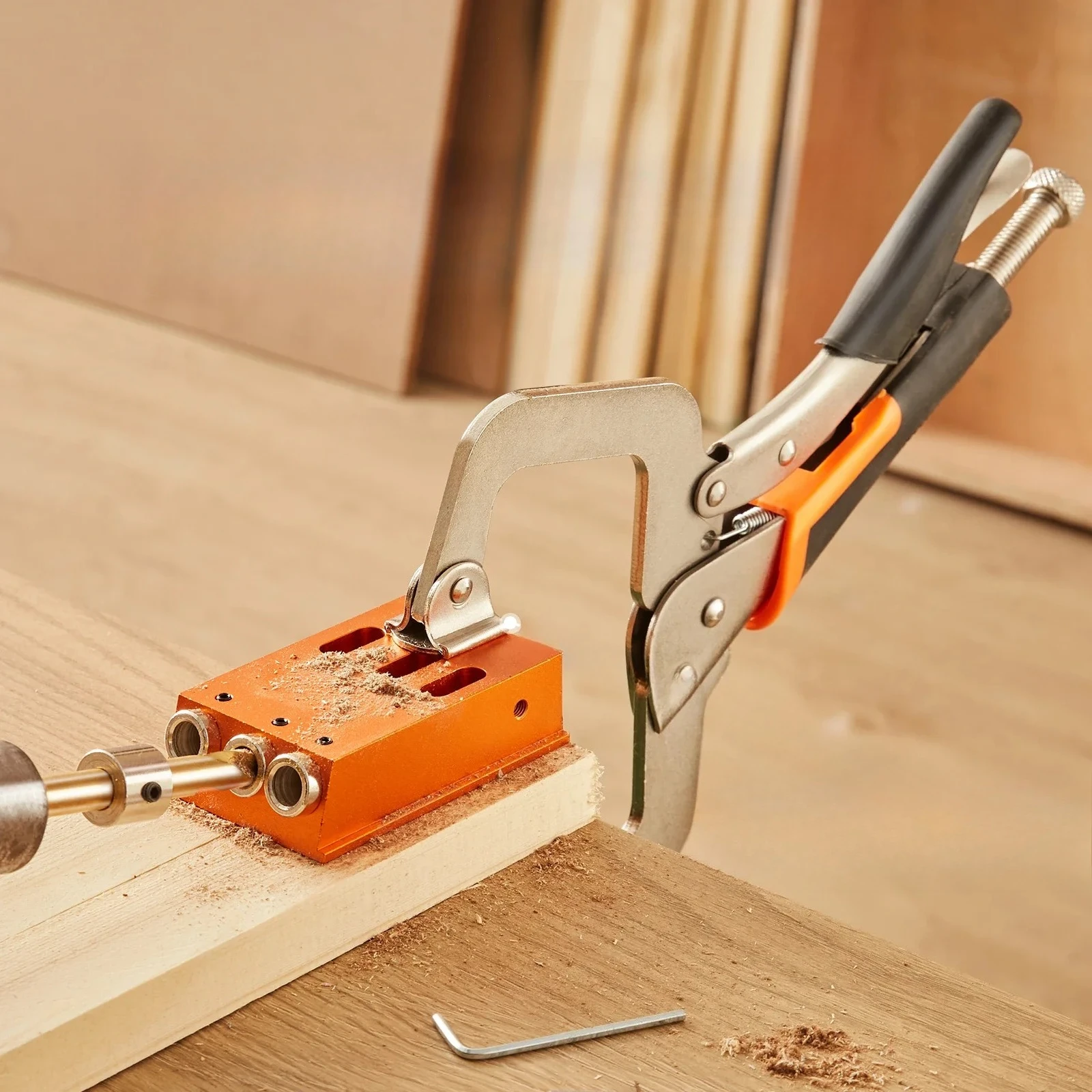 

L Pocket Hole Jig Kit 34 Pcs Pocket Hole Jig System With 11" C-clamp Fixture Step Drills Wrenches Drill Stop Rings Toolbox