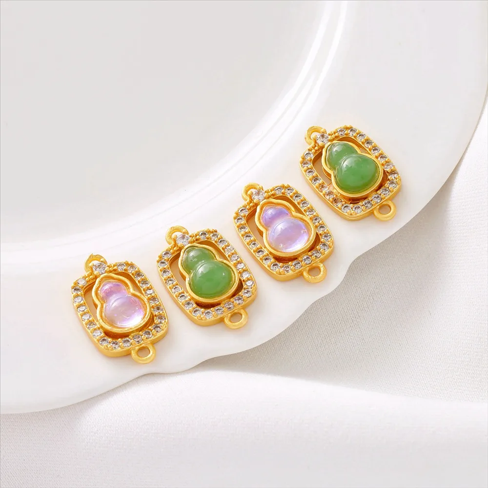 

18K Gold Matte Gold Inlaid Zircon Emerald Gourd Double Pendant DIY Bracelet Necklace Hanging Jewelry Accessories