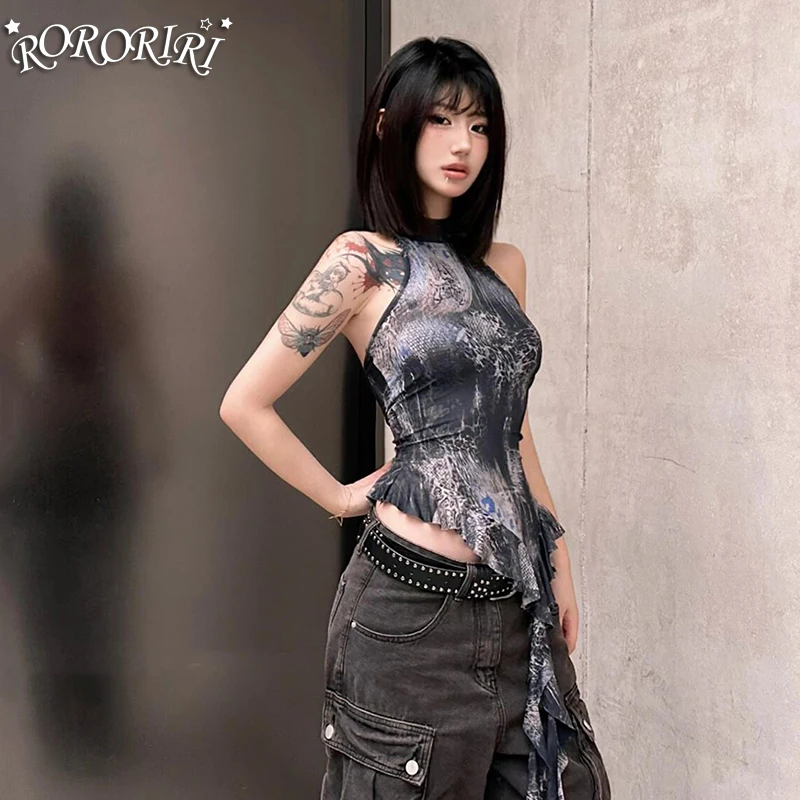 RORORIRI Aesthetic Print Mesh Halter Top Women Sexy Black Tie Dye Backless Turtleneck Sleeveless Ruffle Hem Vest Vintage Clothes