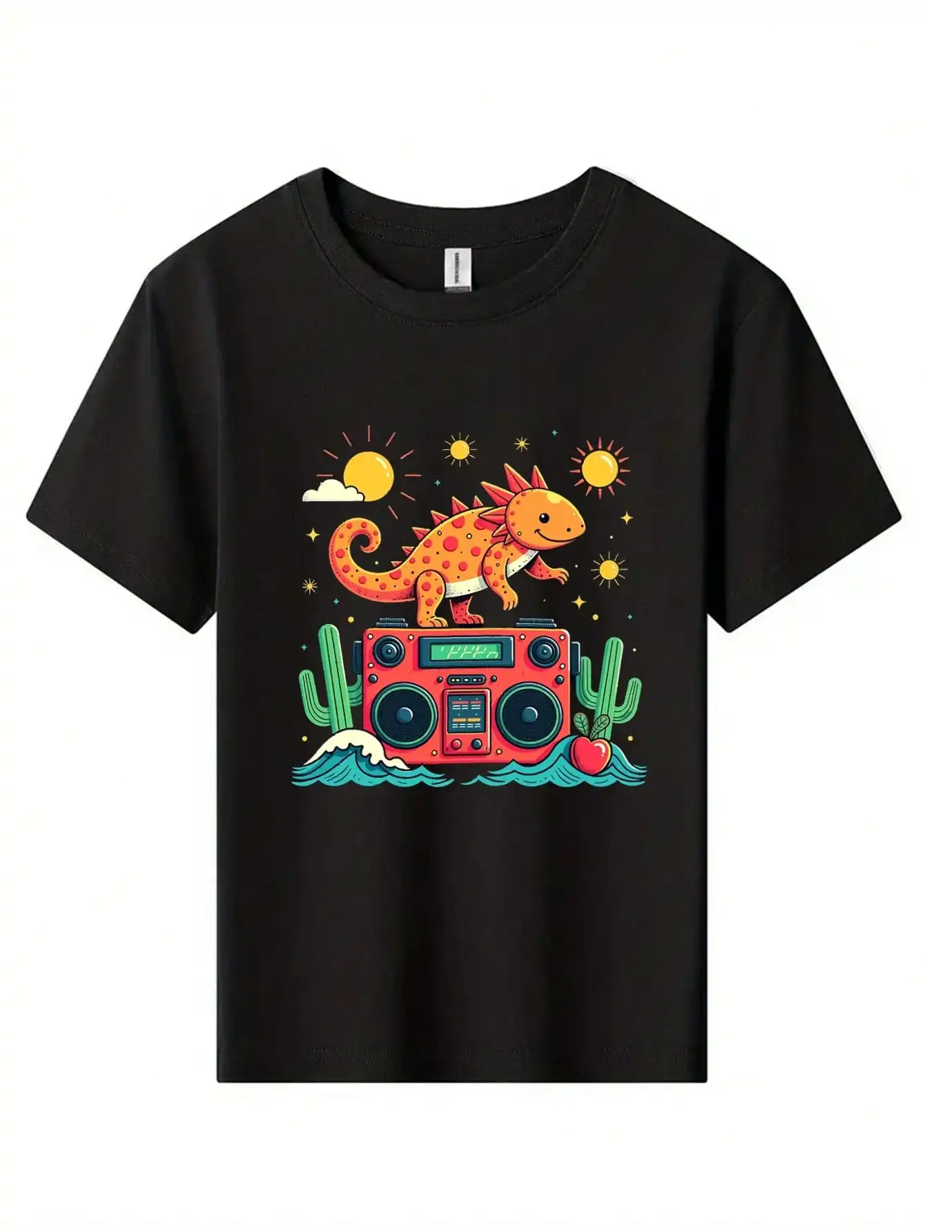 

Cute Mexican Axolotl Retro Boombox And Lizard Pattern Cotton T-Shirt, Black Tee With Boombox, Lizard, And Suns