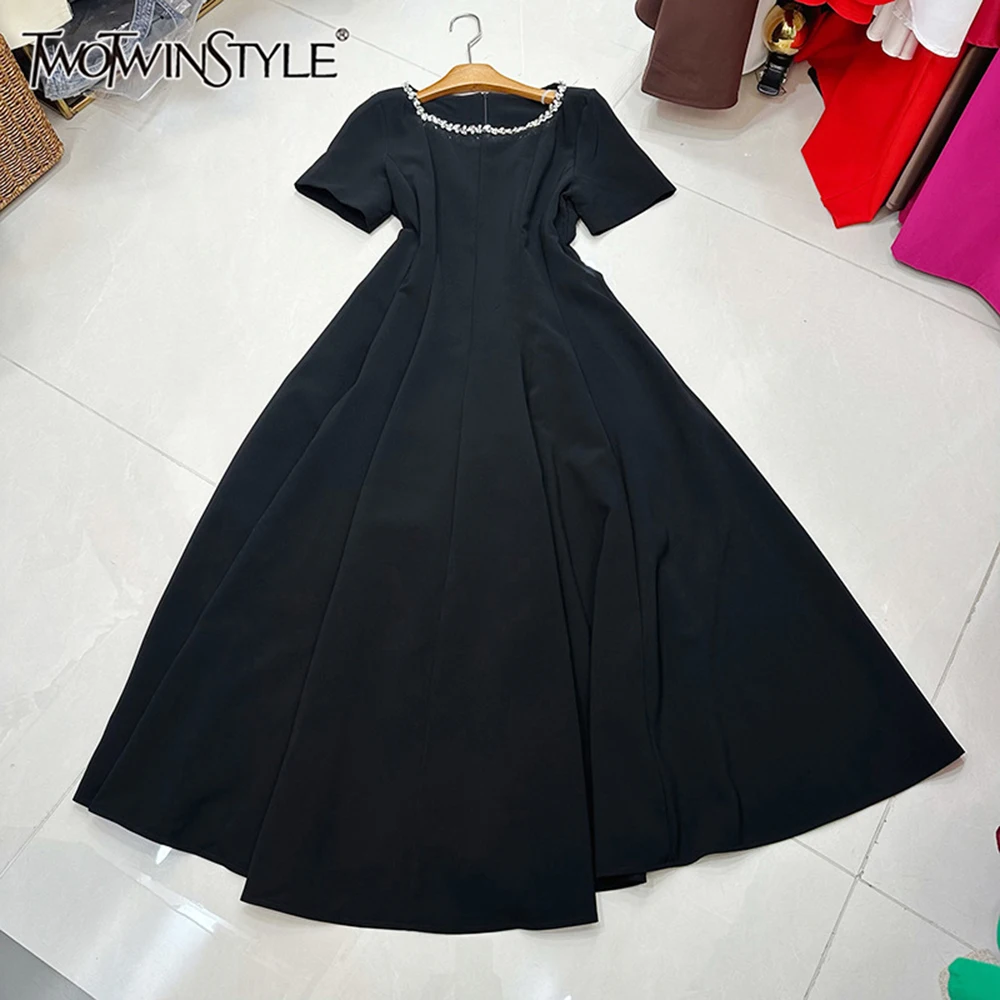 

TWOTWINSTYLE Casual Solid Slimming Dresses For Women Round Neck Short Sleeve High Waist Summer Commute Dress Female KDR555202