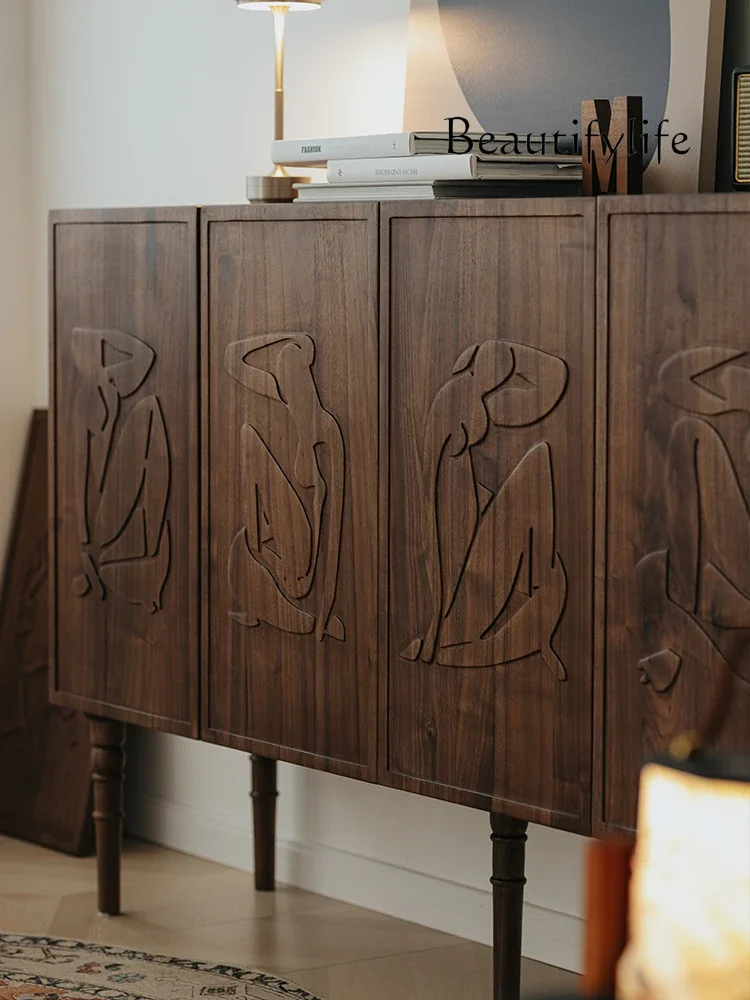 

Creative Living room dining side cabinet black walnut solid wood retro storage designer high-end creative art